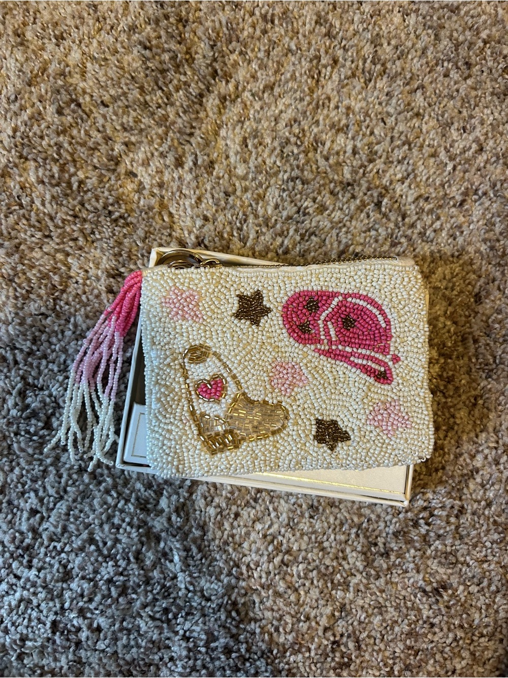 Sincerly Jules Cream Beaded Wristlet with Pink Heart and Gold Accents